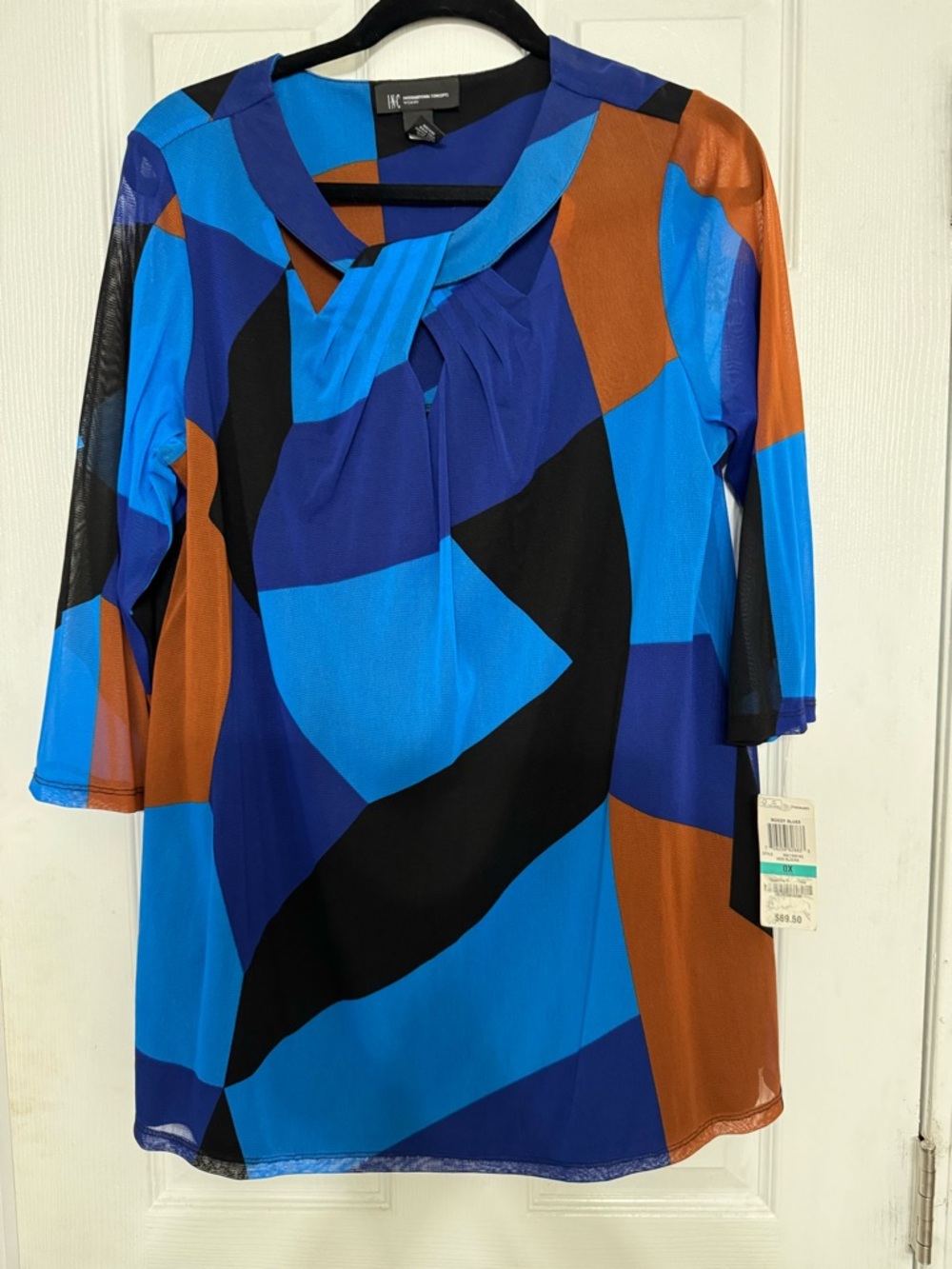 INC International Concepts Blue, Black & Brown Abstract Geometric Mesh Tunic 0X
